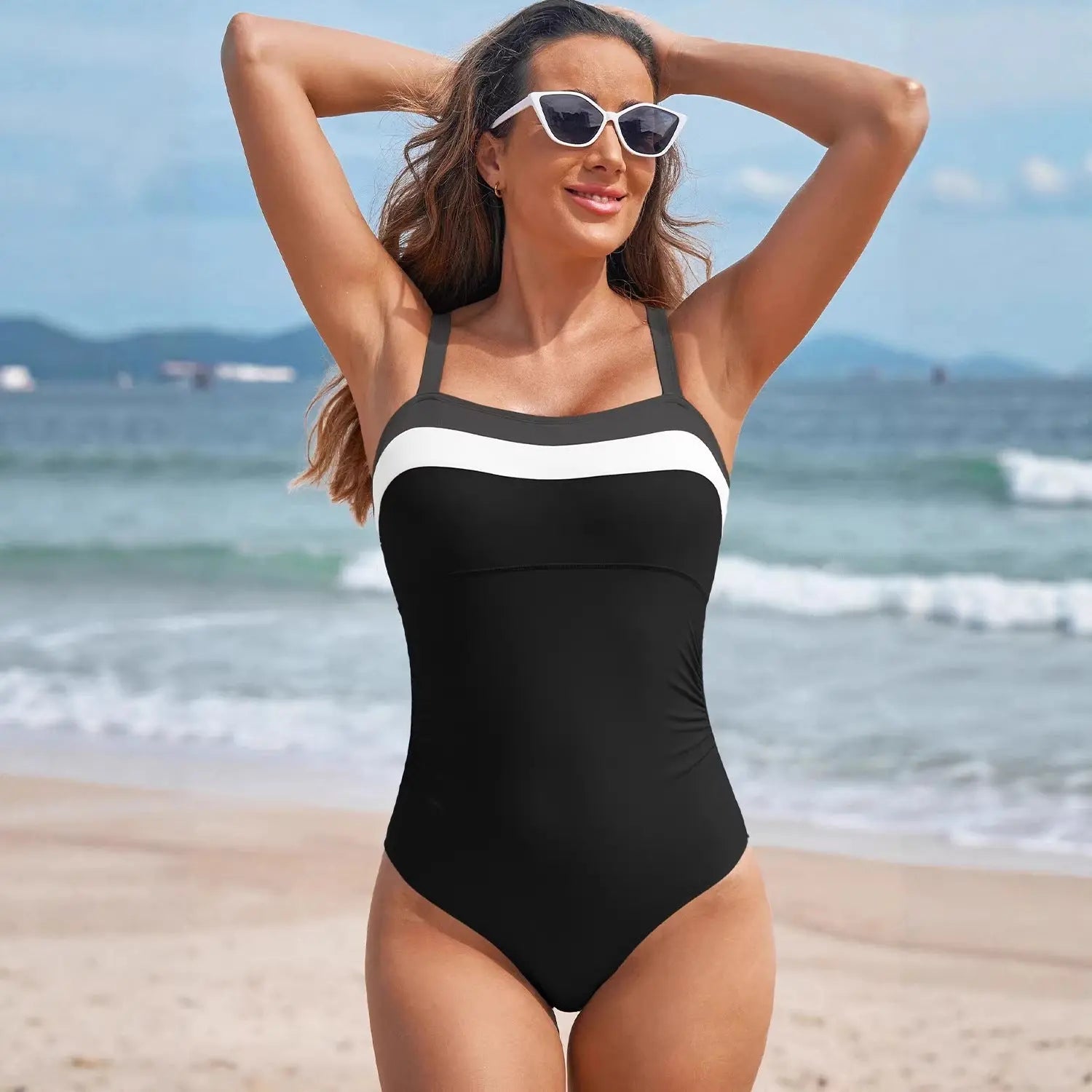Effortless Elegance: The Striped Suspender One-Piece Swimsuit - Undefyning Lynes