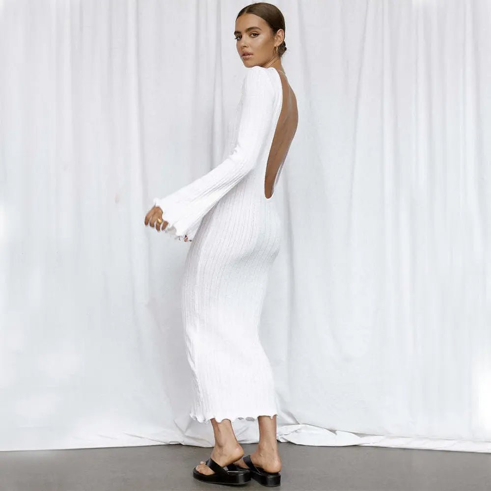 Effortlessly Elegant Ruffled Knit Maxi Dress - Flattering High-Waist Silhouette - Undefyning Lynes