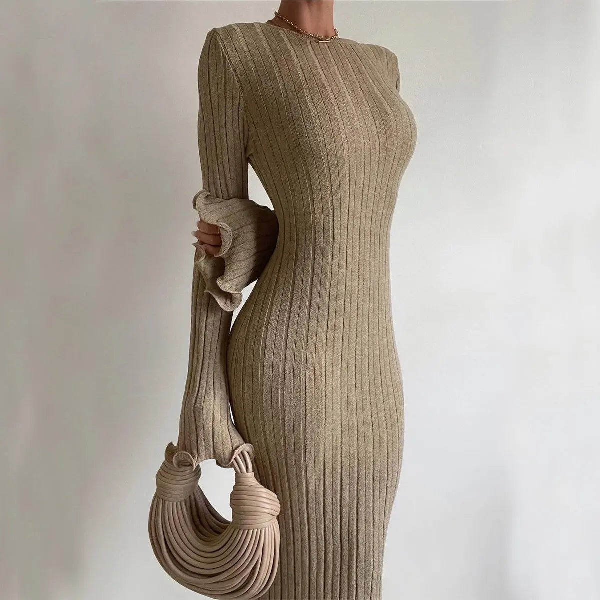 Effortlessly Elegant Ruffled Knit Maxi Dress - Flattering High-Waist Silhouette - Undefyning Lynes