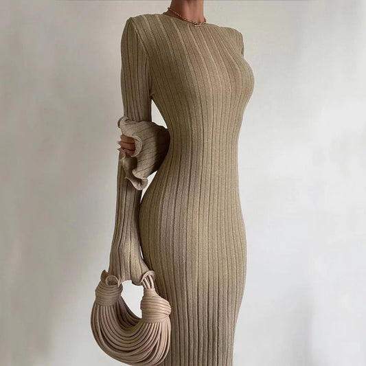 Effortlessly Elegant Ruffled Knit Maxi Dress - Flattering High-Waist Silhouette - Undefyning Lynes