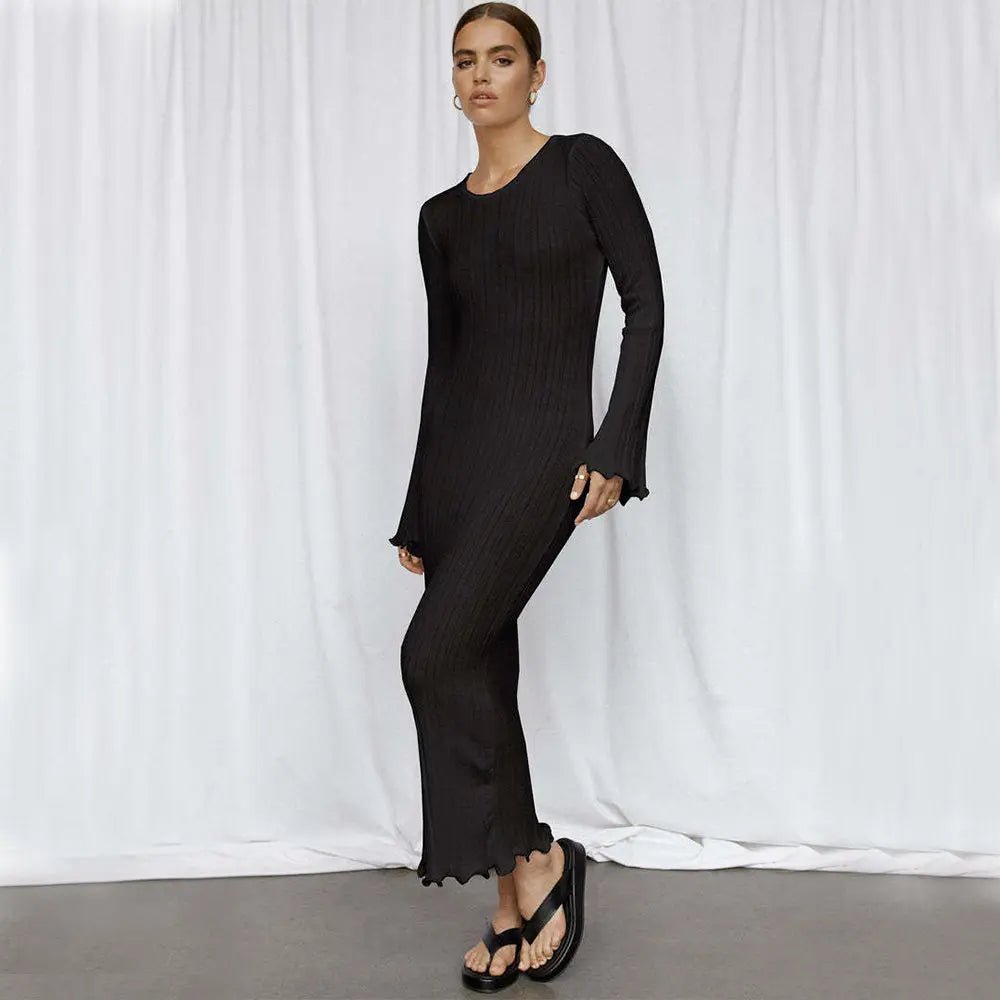 Effortlessly Elegant Ruffled Knit Maxi Dress - Flattering High-Waist Silhouette - Undefyning Lynes