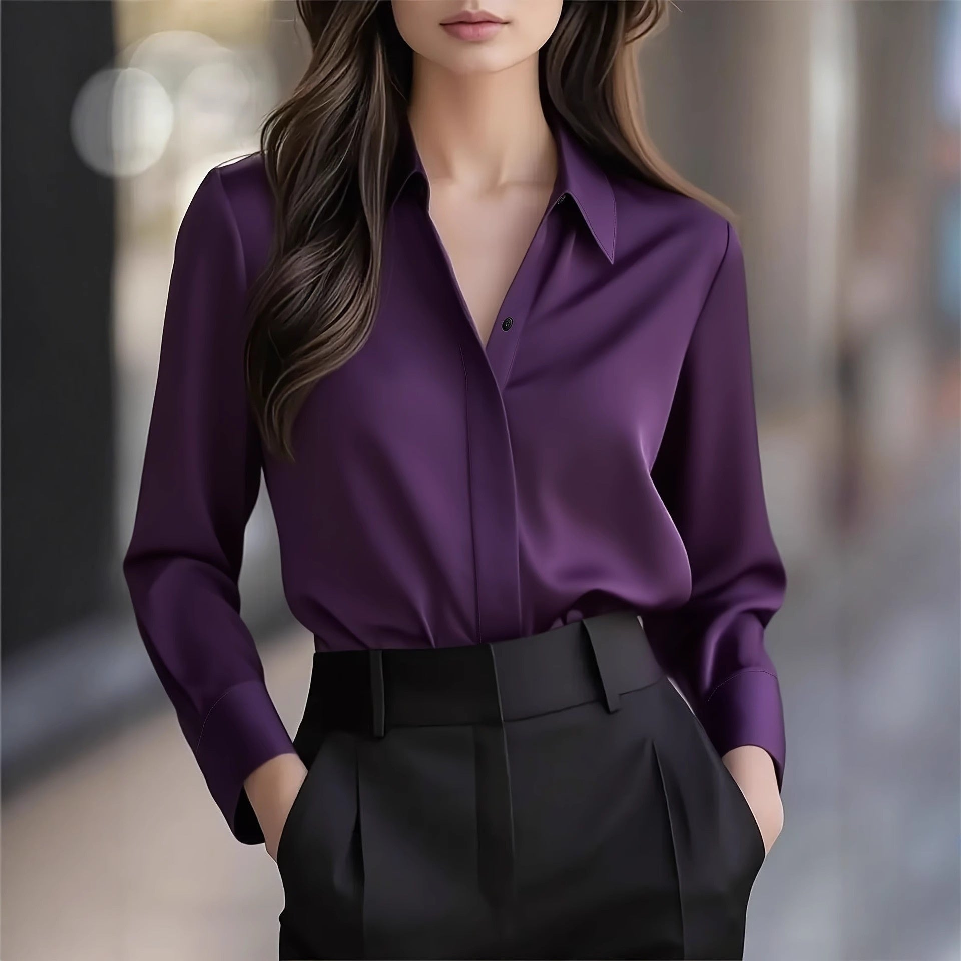 Elegant Professional Long-Sleeve Snap-Button Shirt – Women's Wrinkle-Resistant Office Top - Undefyning Lynes