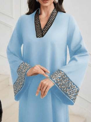Embroidered Retro Puff-Sleeve V-Neck Dress | Elegant Artistic Style - Undefyning Lynes