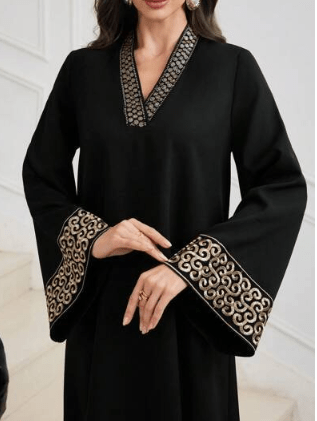 Embroidered Retro Puff-Sleeve V-Neck Dress | Elegant Artistic Style - Undefyning Lynes