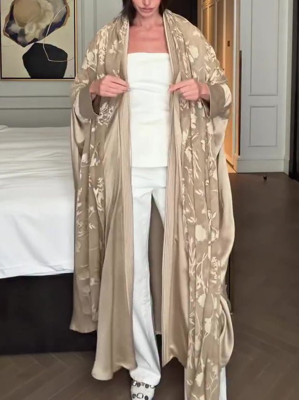 Ethereal Floral Jacquard Satin Kimono Cardigan | Elegant Longline Layer - Undefyning Lynes