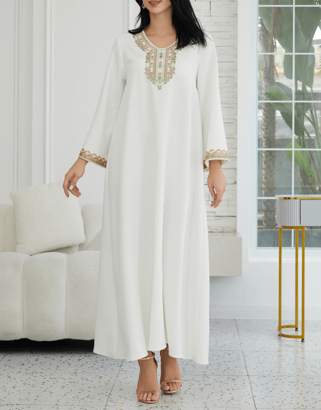 Ethereal Lace-Trimmed Abaya Robe | Elegant Modest Flowy Maxi Dress - Undefyning Lynes