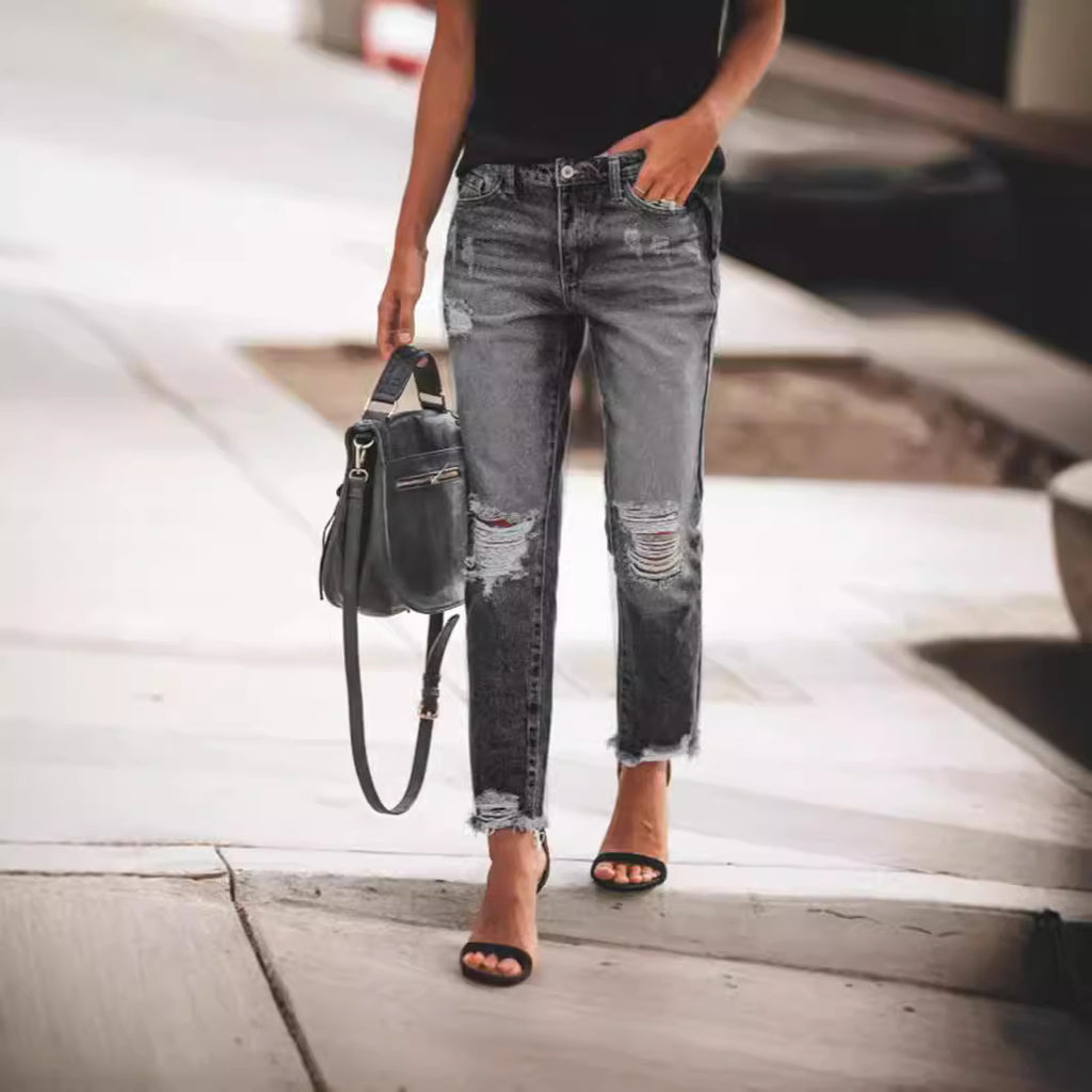 Juno Ripped Straight-Leg Jeans, view 4