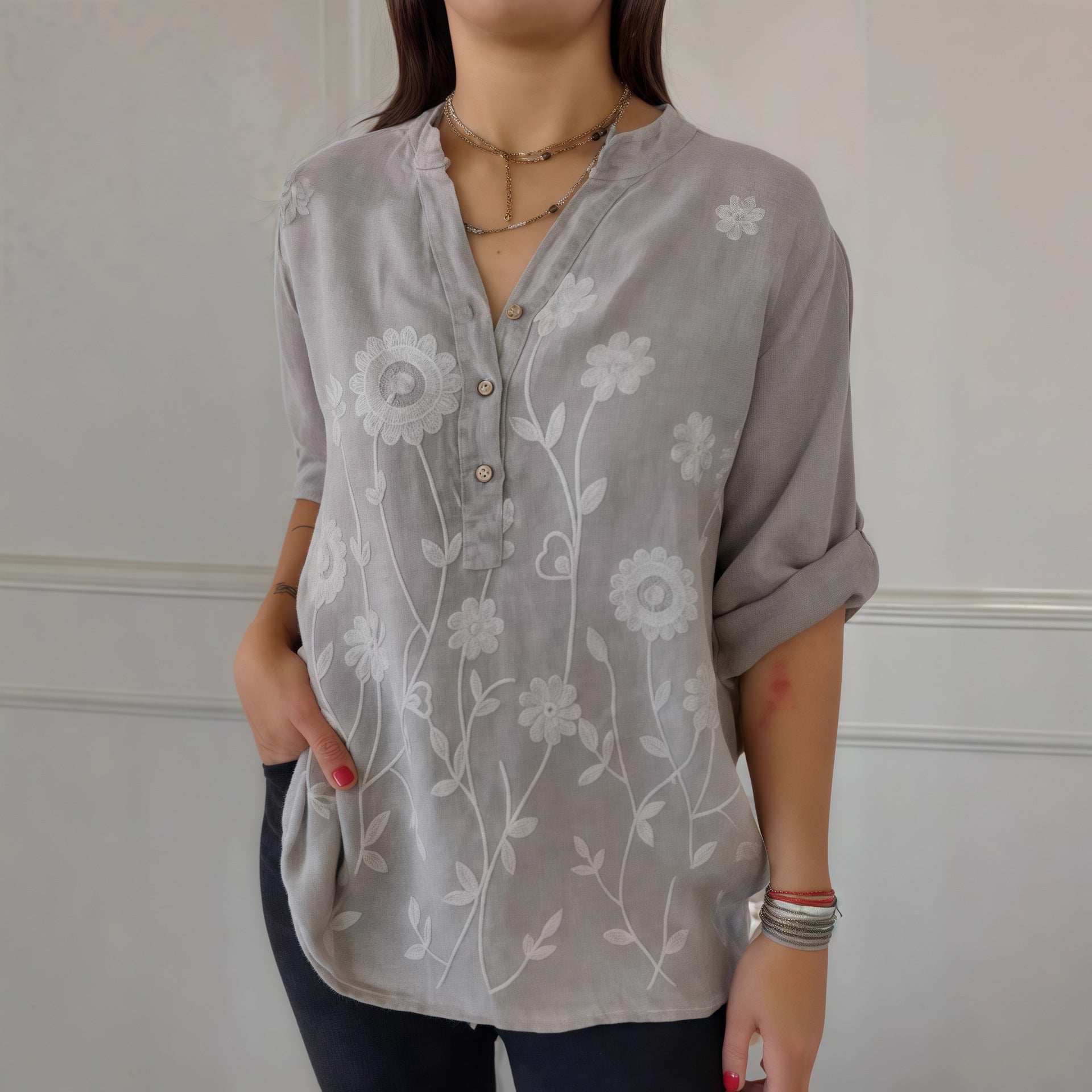 Floral Embroidered V-Neck Blouse — Delicate Detail, Undeniable Presence - Undefyning Lynes