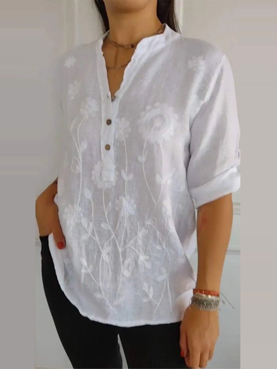 Floral Embroidered V-Neck Blouse — Delicate Detail, Undeniable Presence - Undefyning Lynes