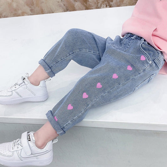 Girls' Playful Love-Print Stretch Denim Jeans - Soft & Comfy Everyday Wear - Undefyning Lynes