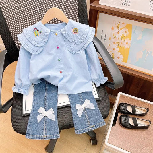 Girls' Sweet Embroidered Collar Top & Denim Set - Undefyning Lynes