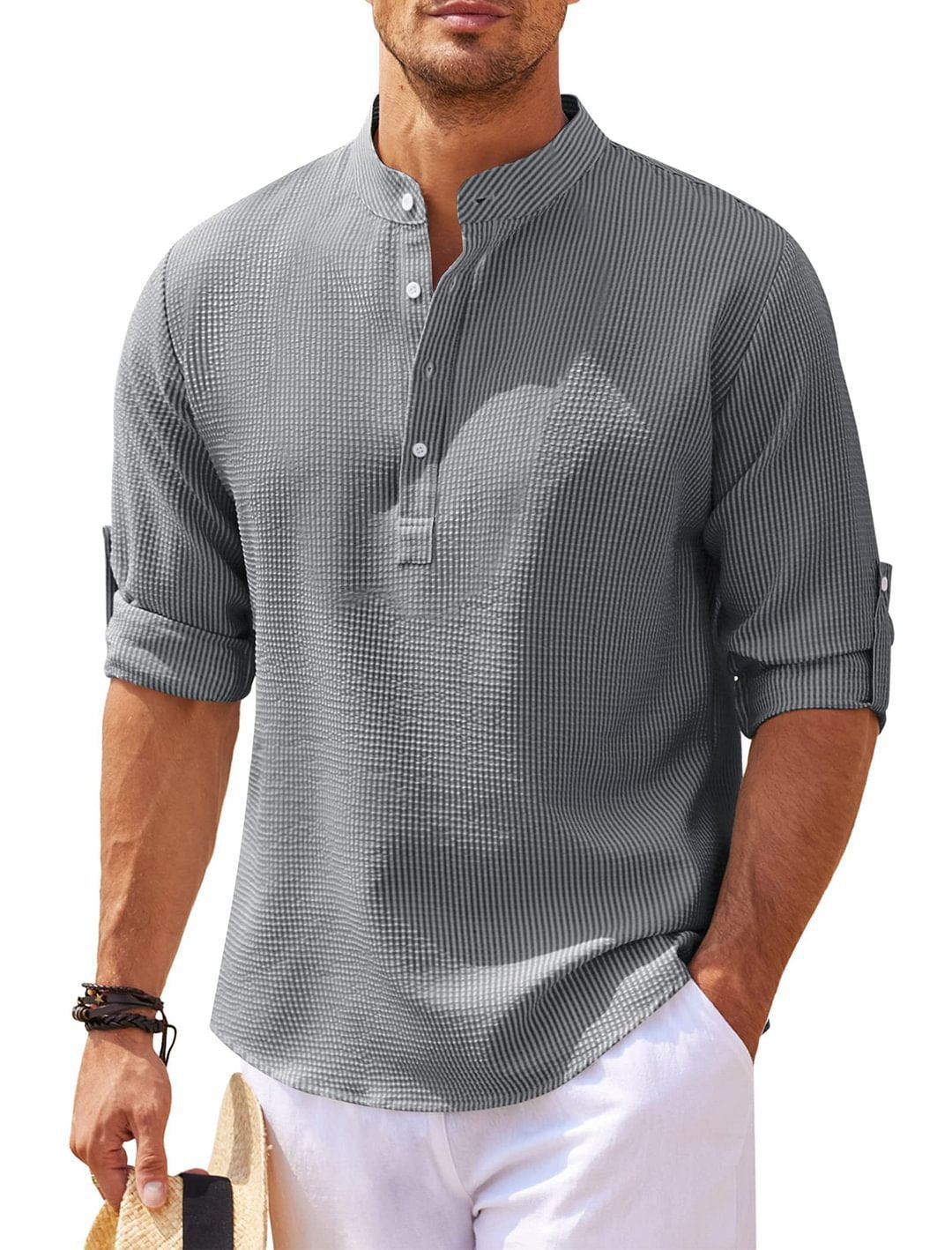 Men's Premium Pineapple Texture Stand Collar Shirt - Effortless Summer Style - Undefyning Lynes