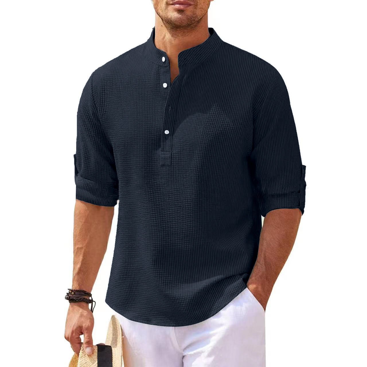 Men's Premium Pineapple Texture Stand Collar Shirt - Effortless Summer Style - Undefyning Lynes