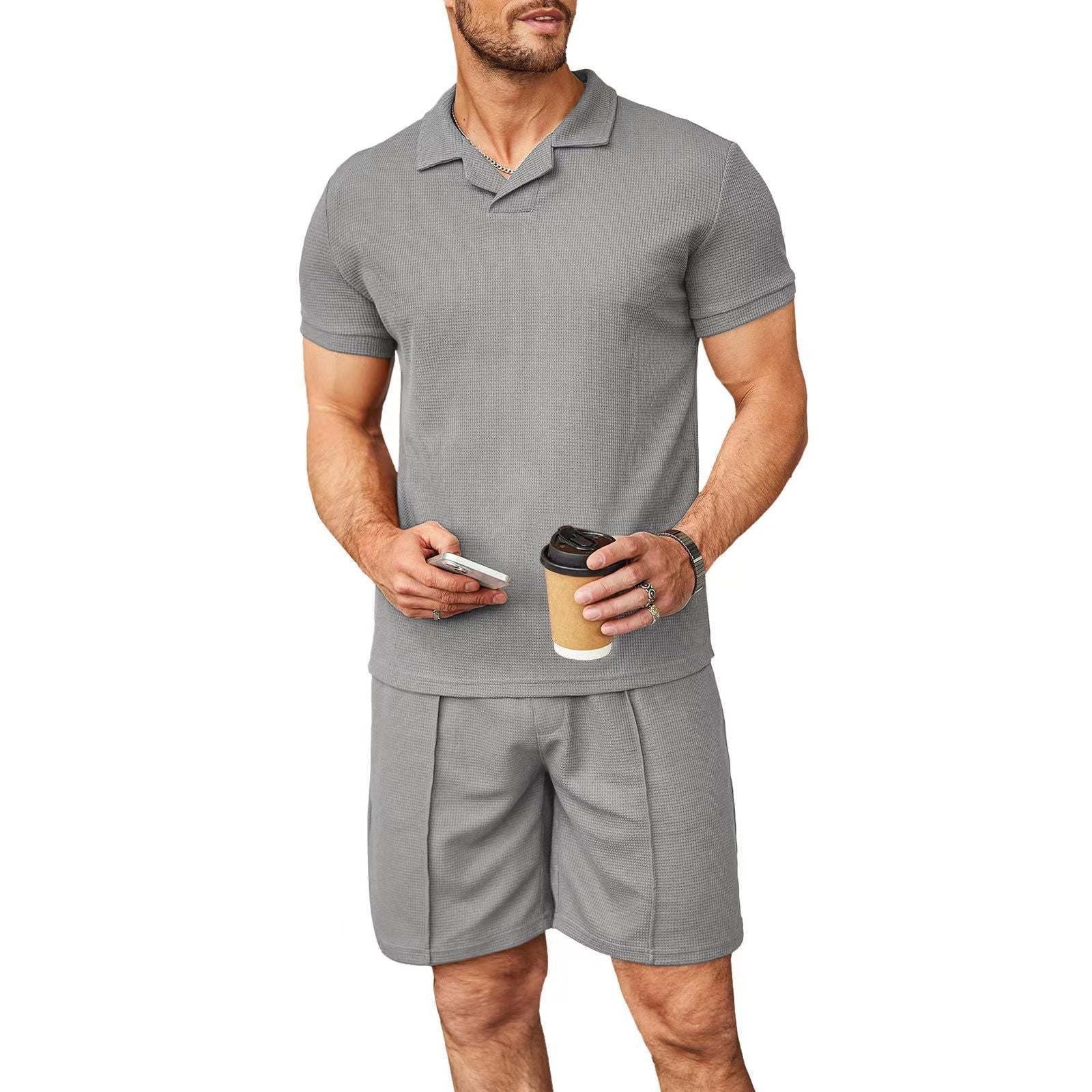 Men's Premium Waffle Knit V-Neck Polo & Short Set - Effortless Summer Style - Undefyning Lynes