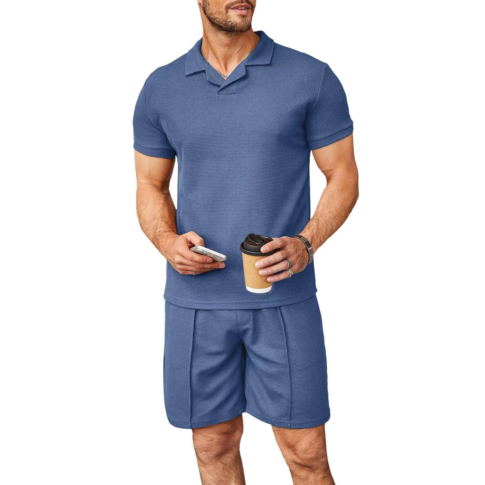 Men's Premium Waffle Knit V-Neck Polo & Short Set - Effortless Summer Style - Undefyning Lynes