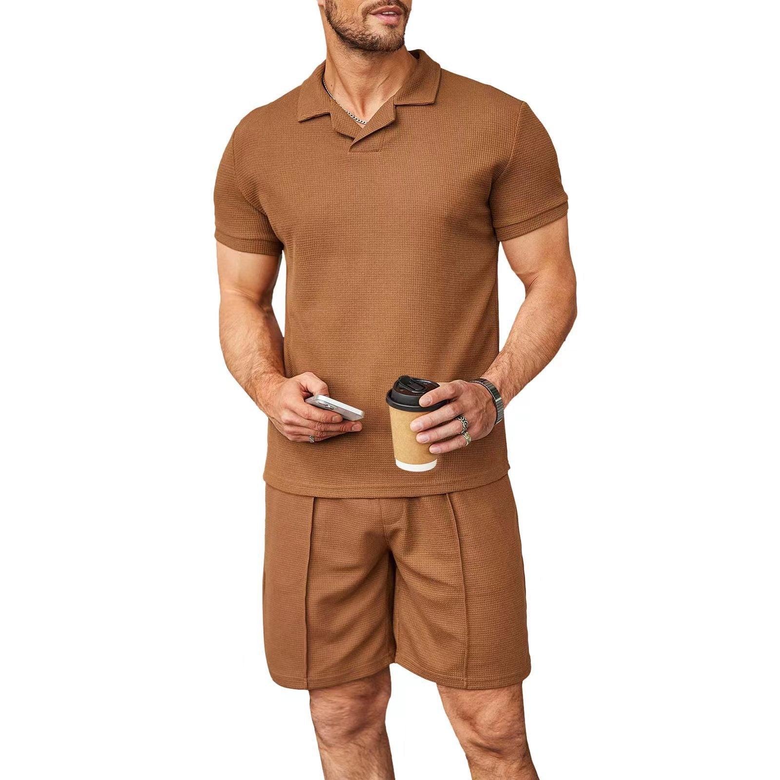 Men's Premium Waffle Knit V-Neck Polo & Short Set - Effortless Summer Style - Undefyning Lynes