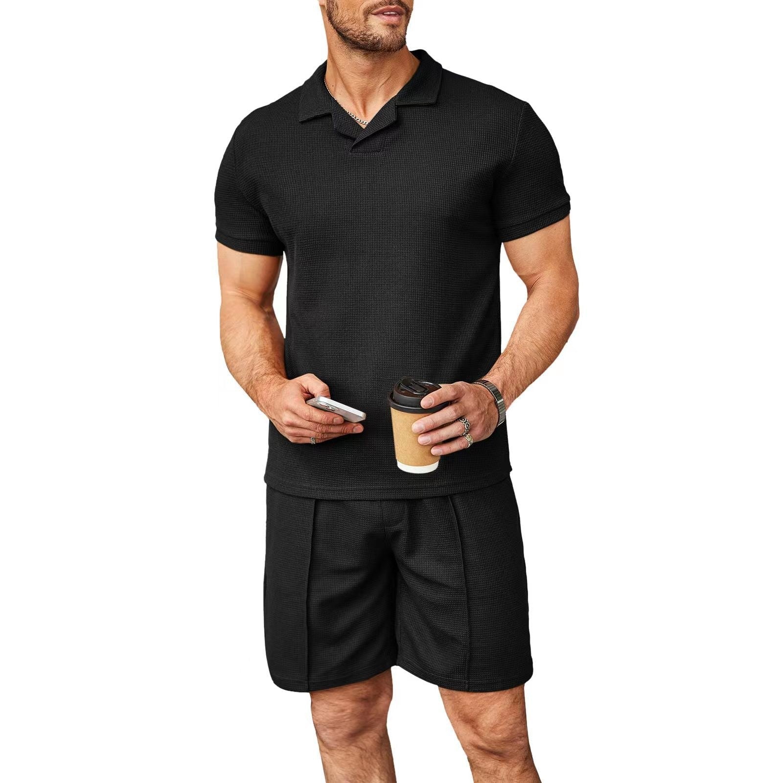Men's Premium Waffle Knit V-Neck Polo & Short Set - Effortless Summer Style - Undefyning Lynes