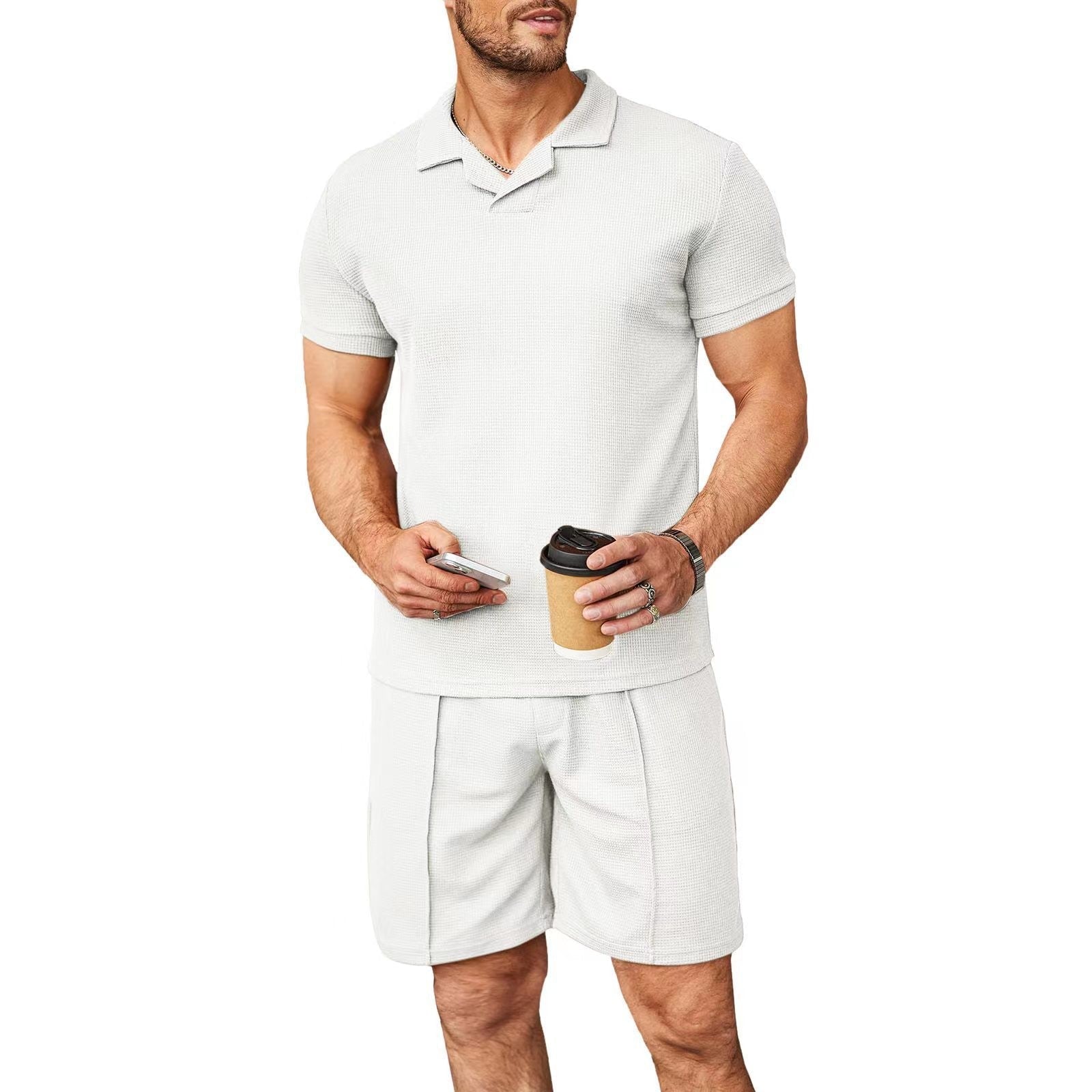 Men's Premium Waffle Knit V-Neck Polo & Short Set - Effortless Summer Style - Undefyning Lynes