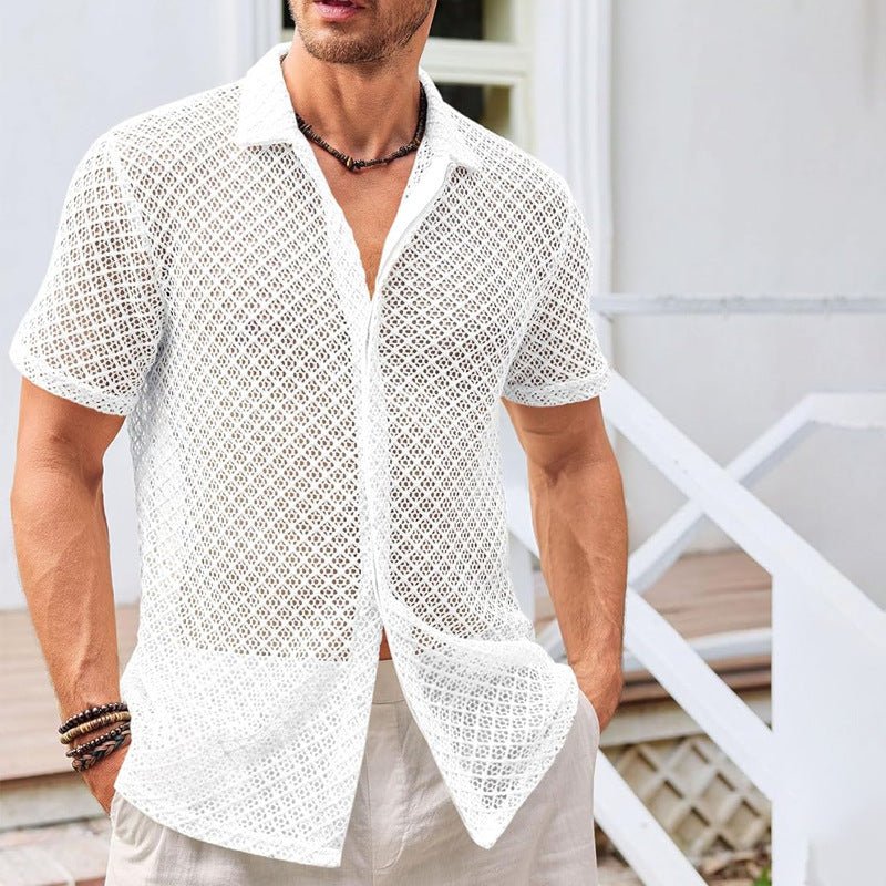 Men's Solid Color Lapel Beach Shirt — Short Sleeve Summer Cardigan Top - Undefyning Lynes