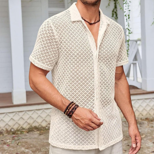 Men's Solid Color Lapel Beach Shirt — Short Sleeve Summer Cardigan Top - Undefyning Lynes
