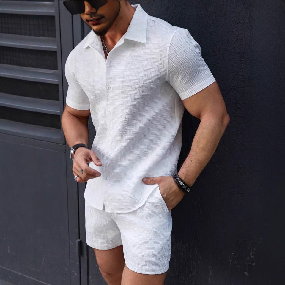 Men's Textured Solid Two-Piece Set — Short Sleeve Shirt & Shorts Beach Outfit - Undefyning Lynes