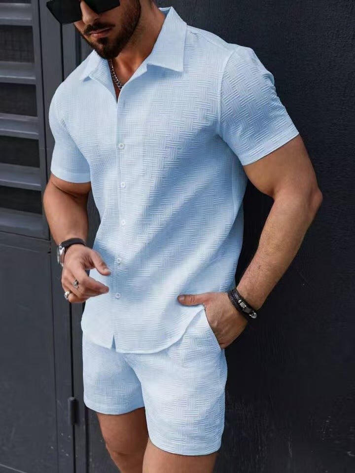 Men's Textured Solid Two-Piece Set — Short Sleeve Shirt & Shorts Beach Outfit - Undefyning Lynes