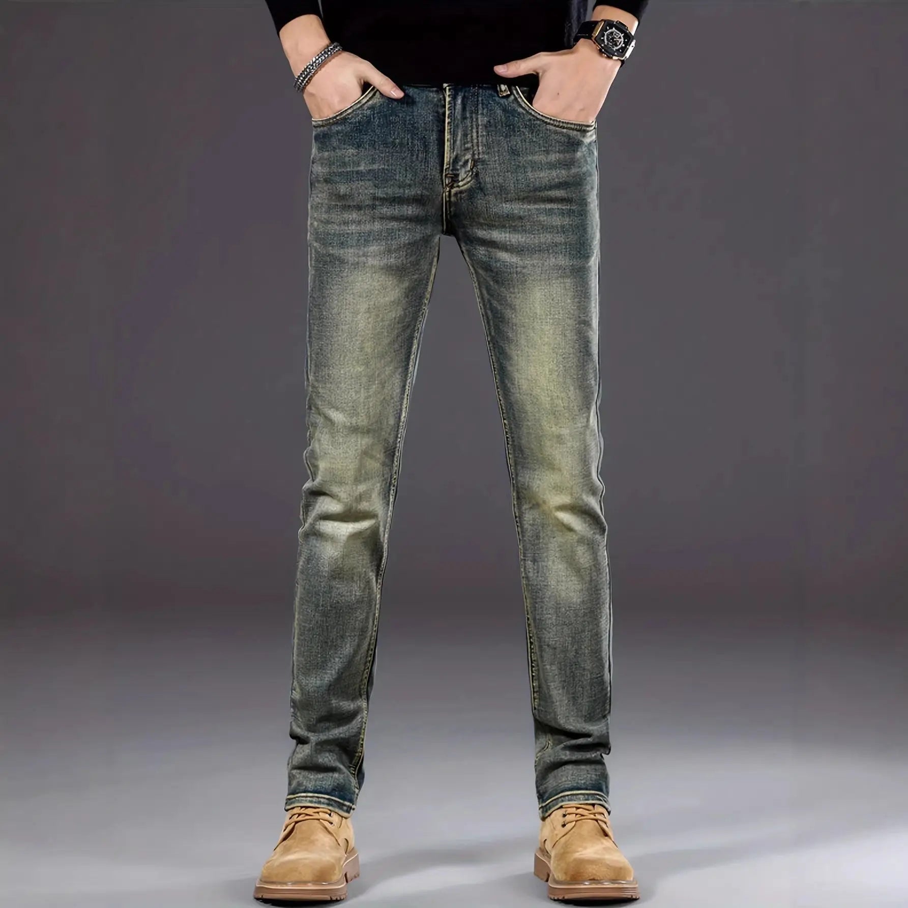 Men's Vintage Stretch Skinny Jeans | Retro Blue Slim-Fit Denim - Undefyning Lynes