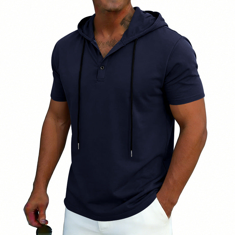 Navy men's Henley-neck drawstring short-sleeve hoodie T-shirt by Dropshipman, featuring a hood and casual fit.