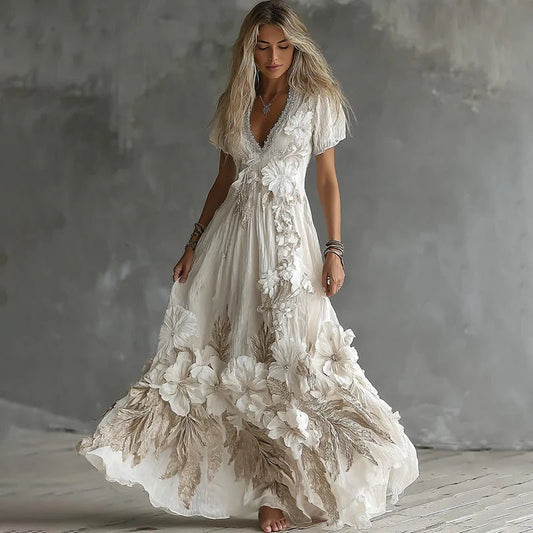 Rose Embroidered Linen Maxi Dress — Boho Soul, Undefyned Edge - Undefyning Lynes