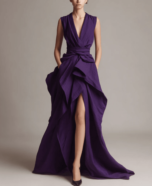 Royal Amethyst Waterfall Ruffle Gown - Deep V-Neck Sculptural Maxi - Undefyning Lynes
