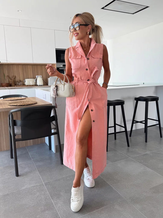Sleeveless Tie-Waist Denim Midi Dress - Undefyning Lynes