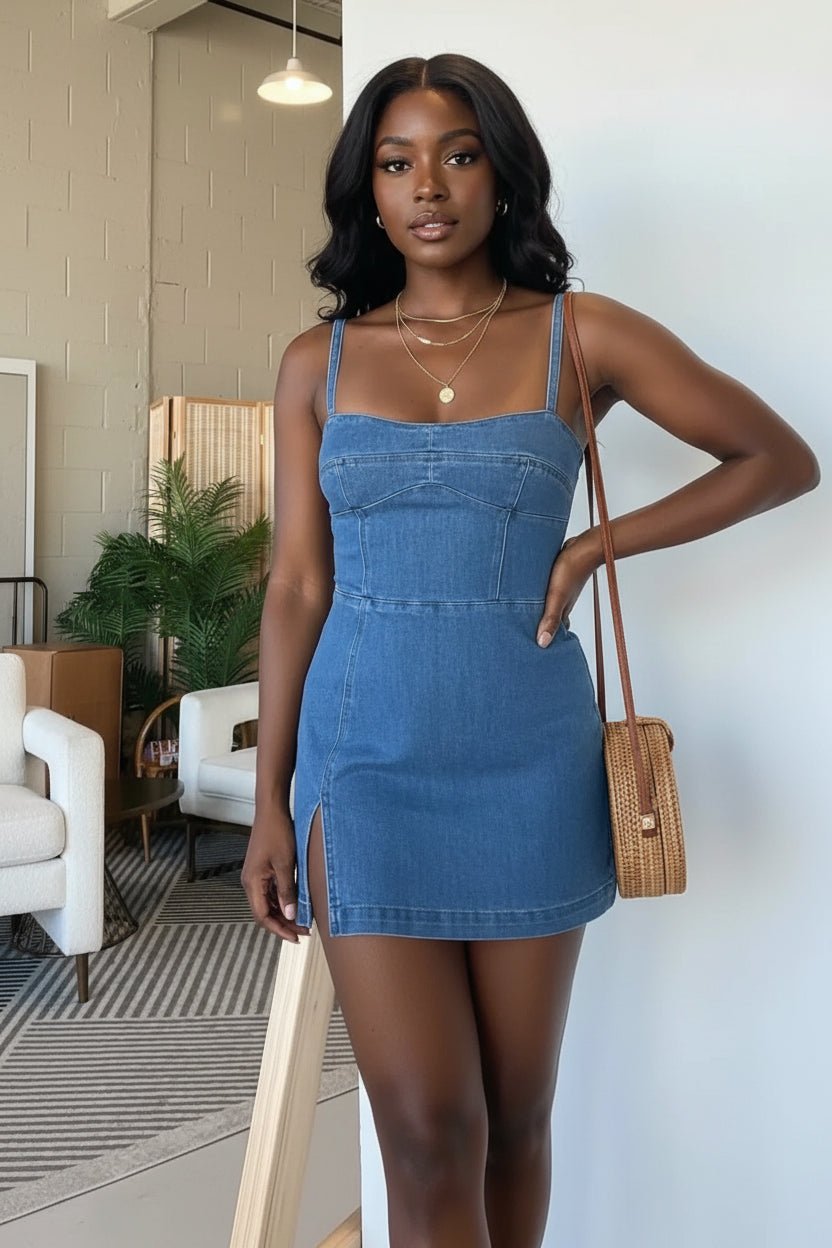 Square Neck Denim Dress — Women's Sleeveless Split Sling Mini - Undefyning Lynes