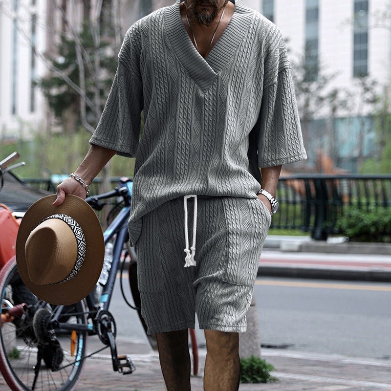 Summer Jacquard Comfort Set: V-Neck Tee & Drawstring Shorts - Undefyning Lynes