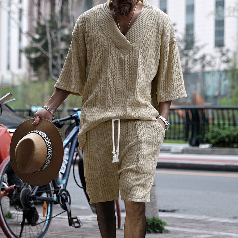 Summer Jacquard Comfort Set: V-Neck Tee & Drawstring Shorts - Undefyning Lynes