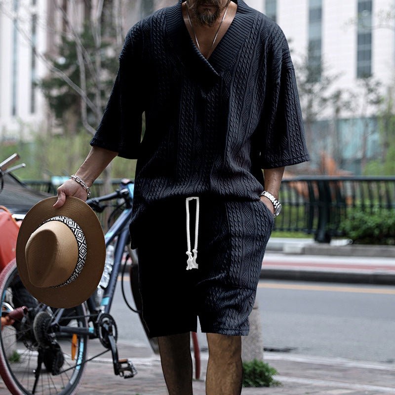 Summer Jacquard Comfort Set: V-Neck Tee & Drawstring Shorts - Undefyning Lynes