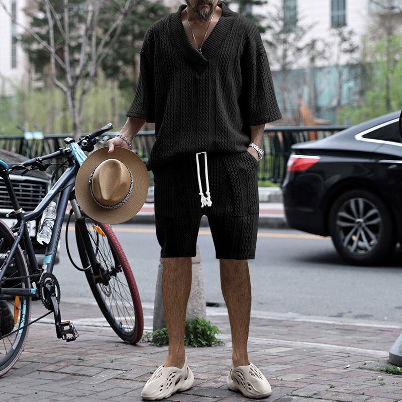 Summer Jacquard Comfort Set: V-Neck Tee & Drawstring Shorts - Undefyning Lynes
