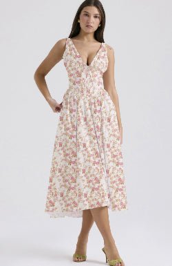 Sun-Kissed Floral A-Line V-Neck Swing Dress with Hidden Pockets - Undefyning Lynes