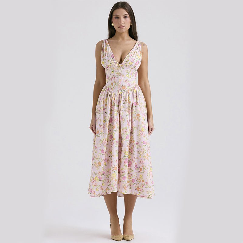 Sun-Kissed Floral A-Line V-Neck Swing Dress with Hidden Pockets - Undefyning Lynes