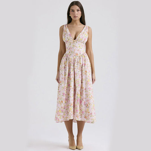 Sun-Kissed Floral A-Line V-Neck Swing Dress with Hidden Pockets - Undefyning Lynes