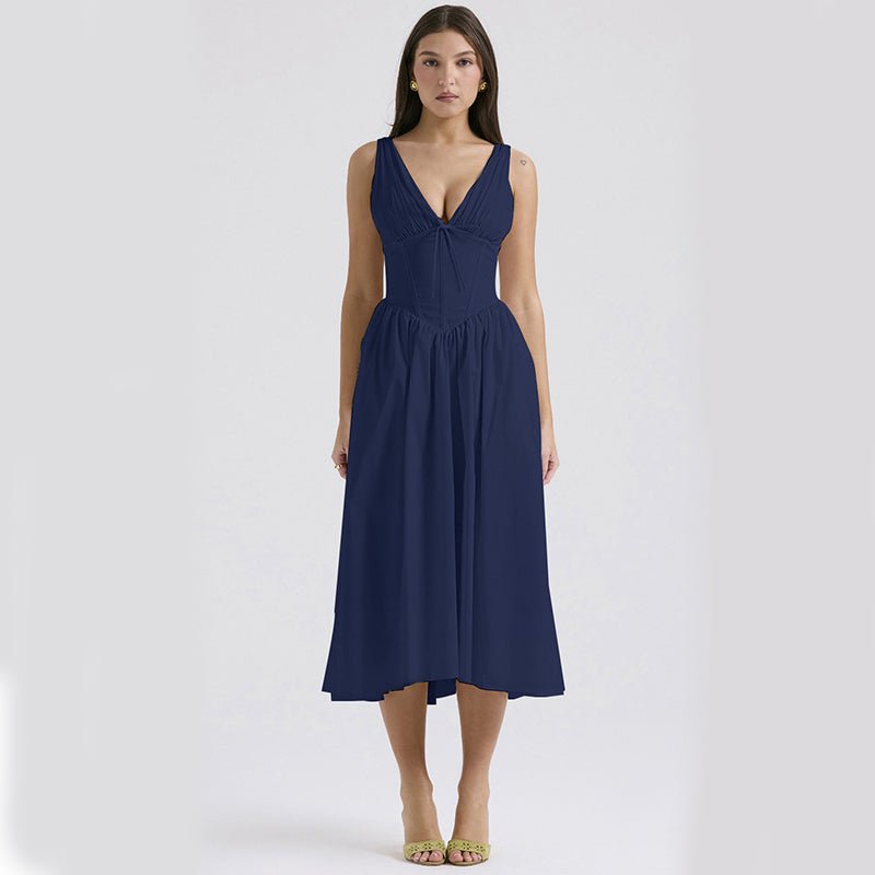Sun-Kissed Floral A-Line V-Neck Swing Dress with Hidden Pockets - Undefyning Lynes