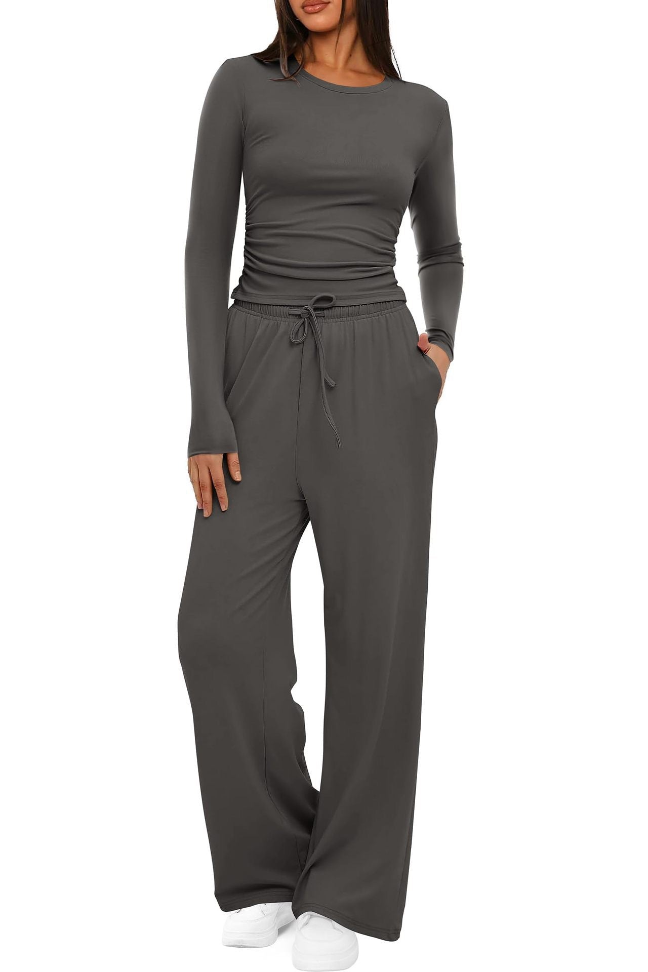 The EasyFlow Set – Women's Long-Sleeve Top & Wide-Leg Pants Two-Piece Suit - Undefyning Lynes