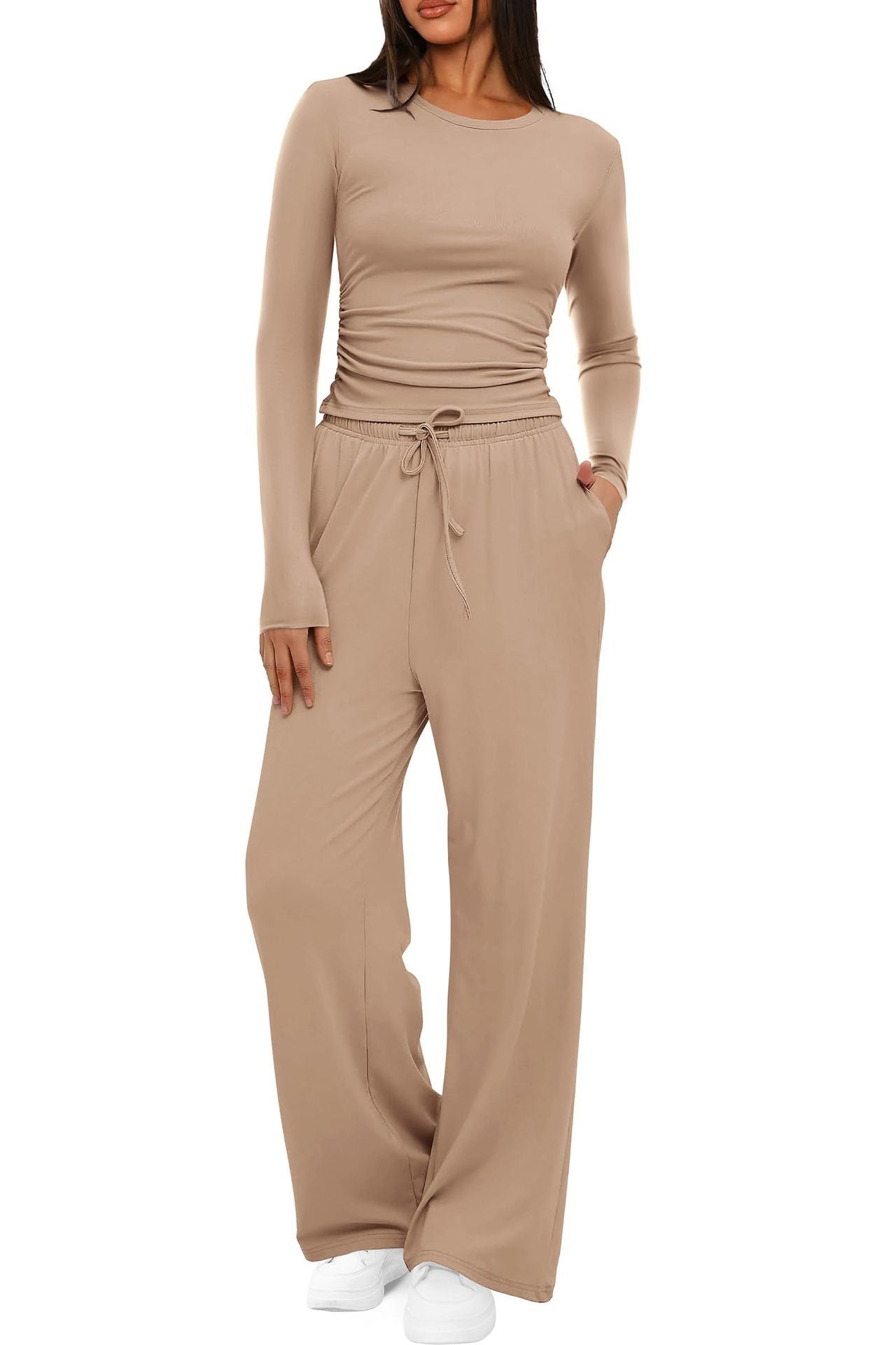 The EasyFlow Set – Women's Long-Sleeve Top & Wide-Leg Pants Two-Piece Suit - Undefyning Lynes