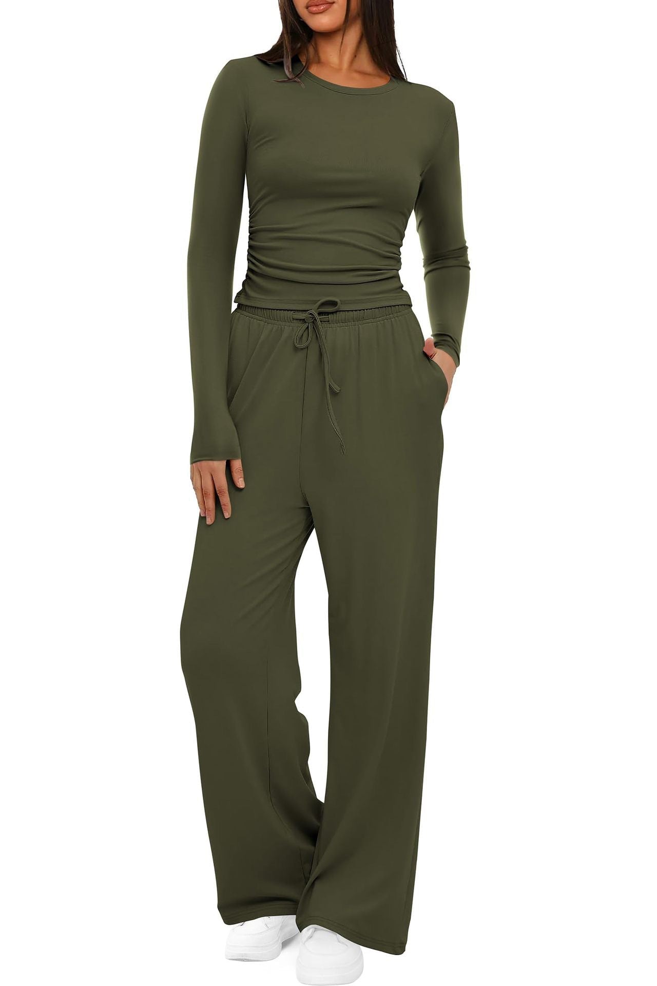 The EasyFlow Set – Women's Long-Sleeve Top & Wide-Leg Pants Two-Piece Suit - Undefyning Lynes