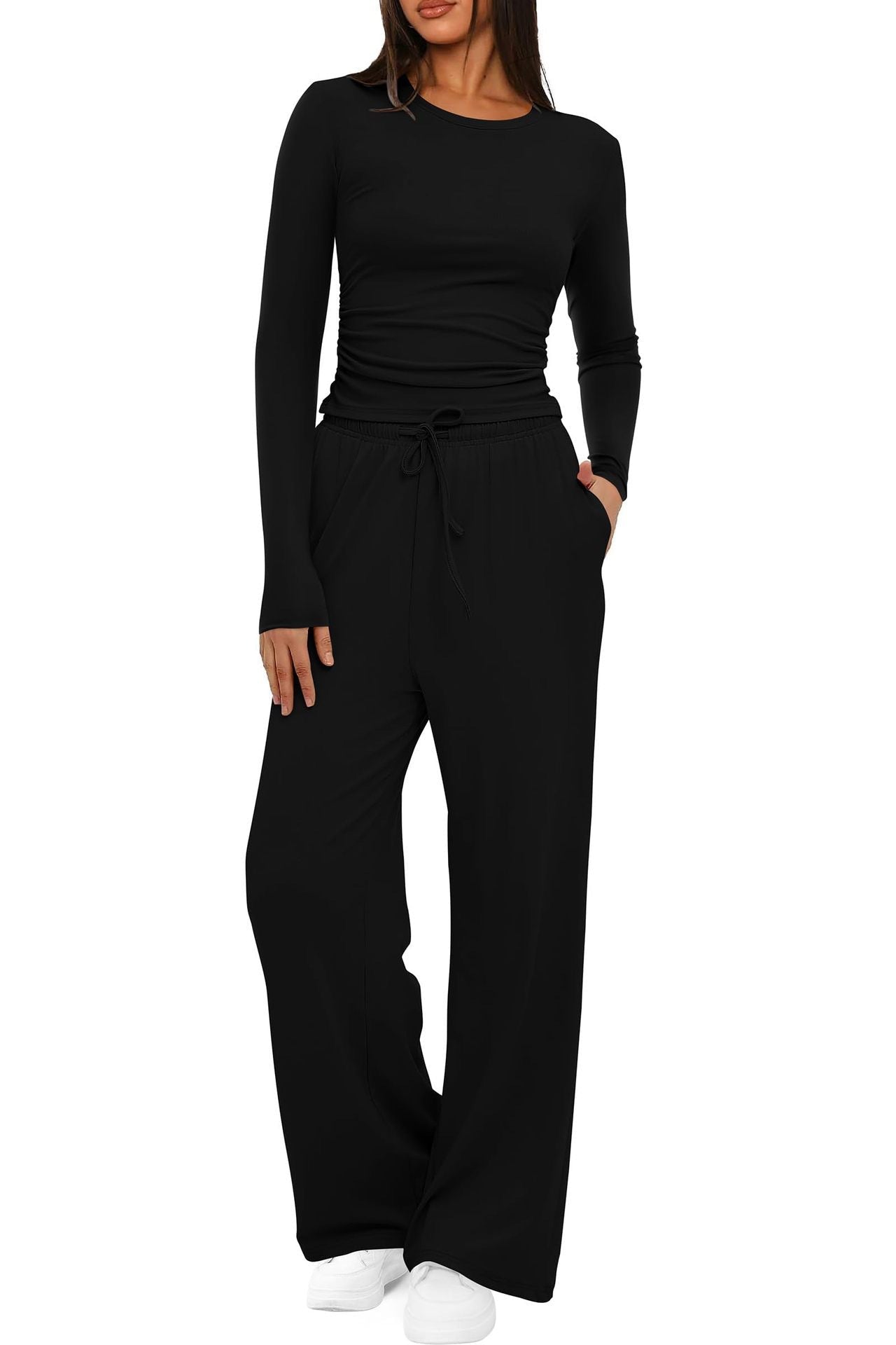 The EasyFlow Set – Women's Long-Sleeve Top & Wide-Leg Pants Two-Piece Suit - Undefyning Lynes