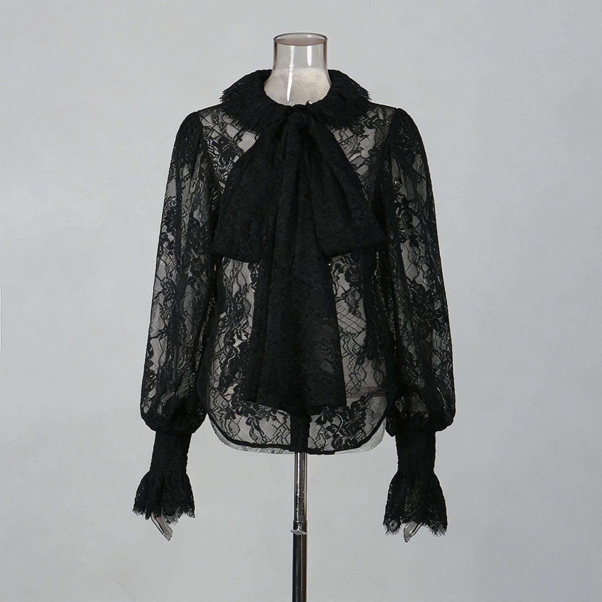 The Lace Bow Blouse – Women's Ethereal Lace Bow Tie Lantern Sleeve Top - Undefyning Lynes