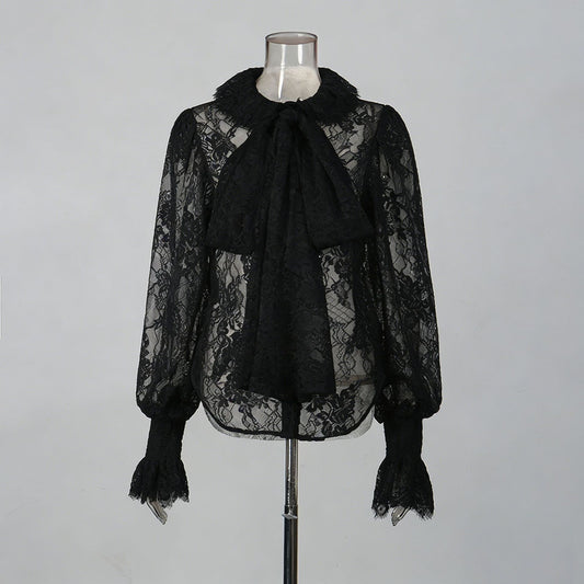 The Lace Bow Blouse – Women's Ethereal Lace Bow Tie Lantern Sleeve Top - Undefyning Lynes