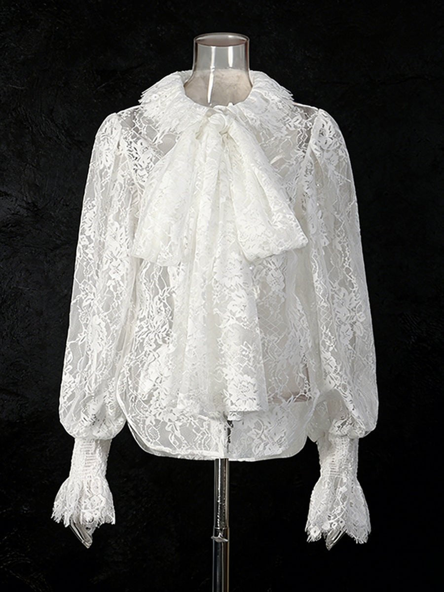 The Lace Bow Blouse – Women's Ethereal Lace Bow Tie Lantern Sleeve Top - Undefyning Lynes