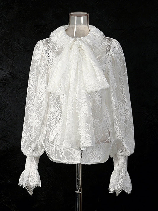 The Lace Bow Blouse – Women's Ethereal Lace Bow Tie Lantern Sleeve Top - Undefyning Lynes