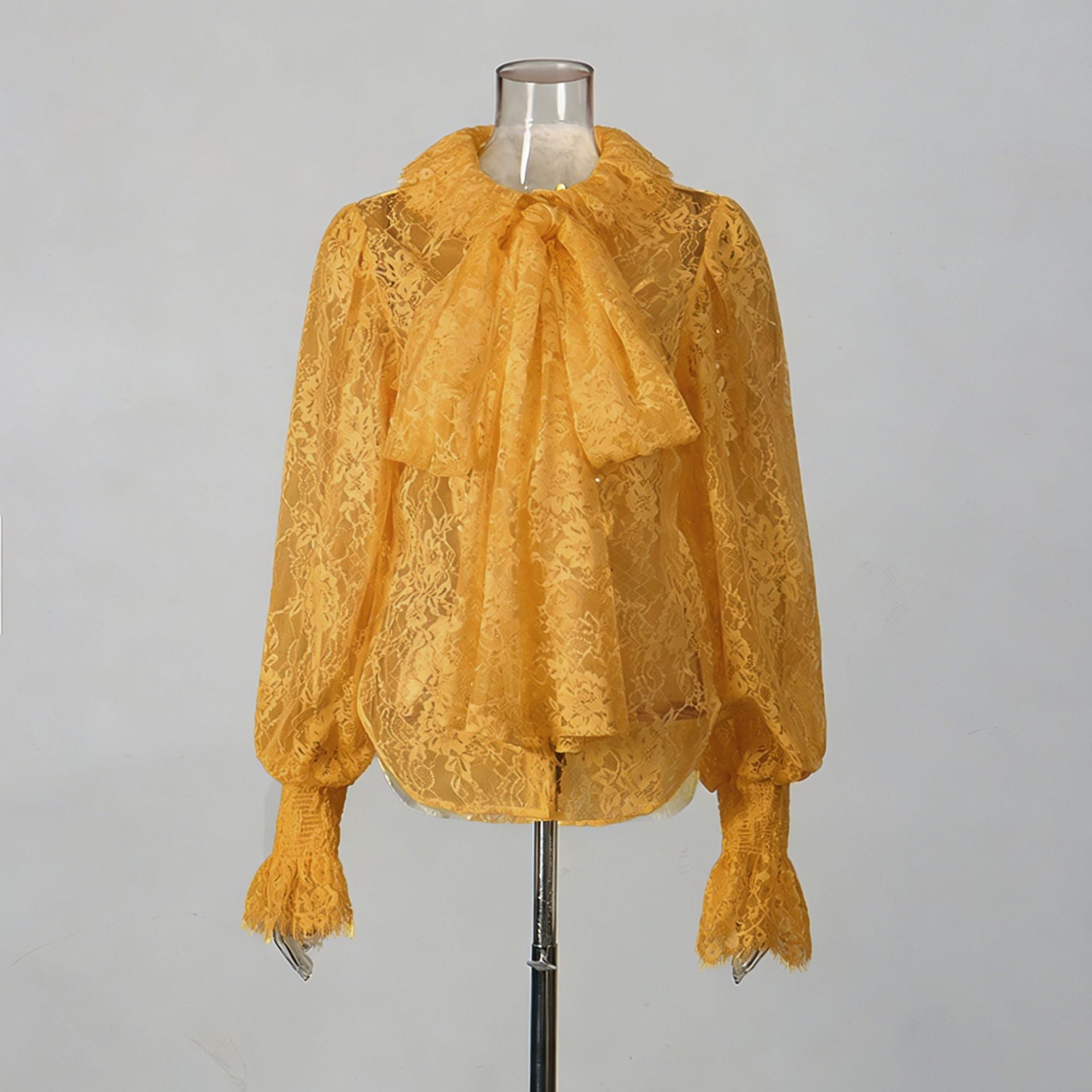 The Lace Bow Blouse – Women's Ethereal Lace Bow Tie Lantern Sleeve Top - Undefyning Lynes