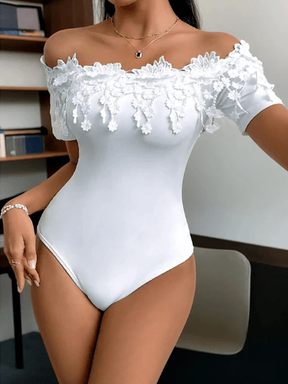 The Lace Off Shoulder Bodysuit – Women's Elegant Figure-Flattering Lace Bodysuit - Undefyning Lynes